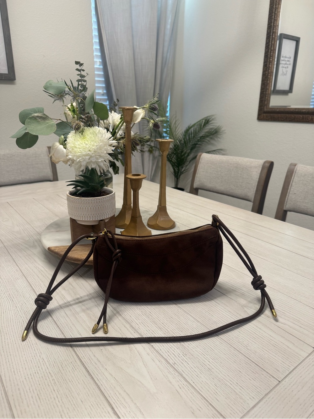 Women's Dumpling Brown Suede Crossbody Shoulder Bag with Charm